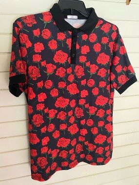 Black Polo Shirt with Red Rose Print by Cocoon
